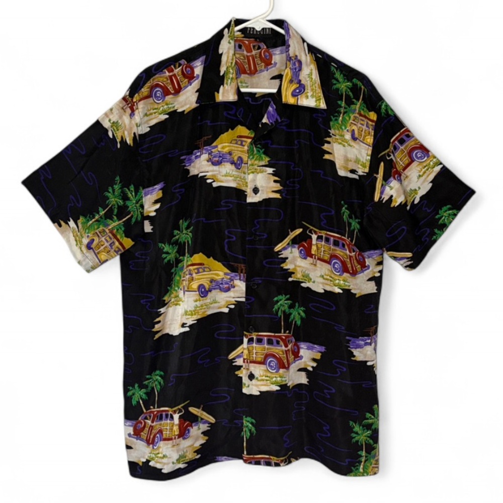 Vintage Ferugini Woody Car Surfer Tropical Print Shirt